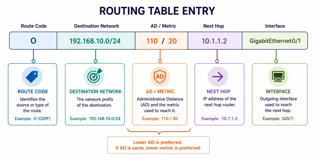 Routing Table Entries And How The Lookup Process Actually Works 2 Color-Coded Diagram Labeling Each Segment Of A Routing Table Entry