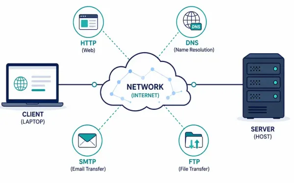 Diagram Showing A Client And Server Connected Through A Network Cloud With Application Layer Protocol Icons