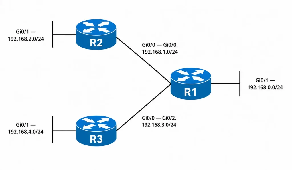 Link-State Routing Protocols Explained: How Ospf And Spf Work 2 Link-State Routing: Network Topology Diagram Showing Router R1 At Center Connected To R2 Via Gigabitethernet Interfaces On Network 192.168.1.0/24 And To R3 Via Network 192.168.3.0/24, With Each Router Also Connected To Its Own Local Lan, R1 To 192.168.0.0/24, R2 To 192.168.2.0/24, And R3 To 192.168.4.0/24