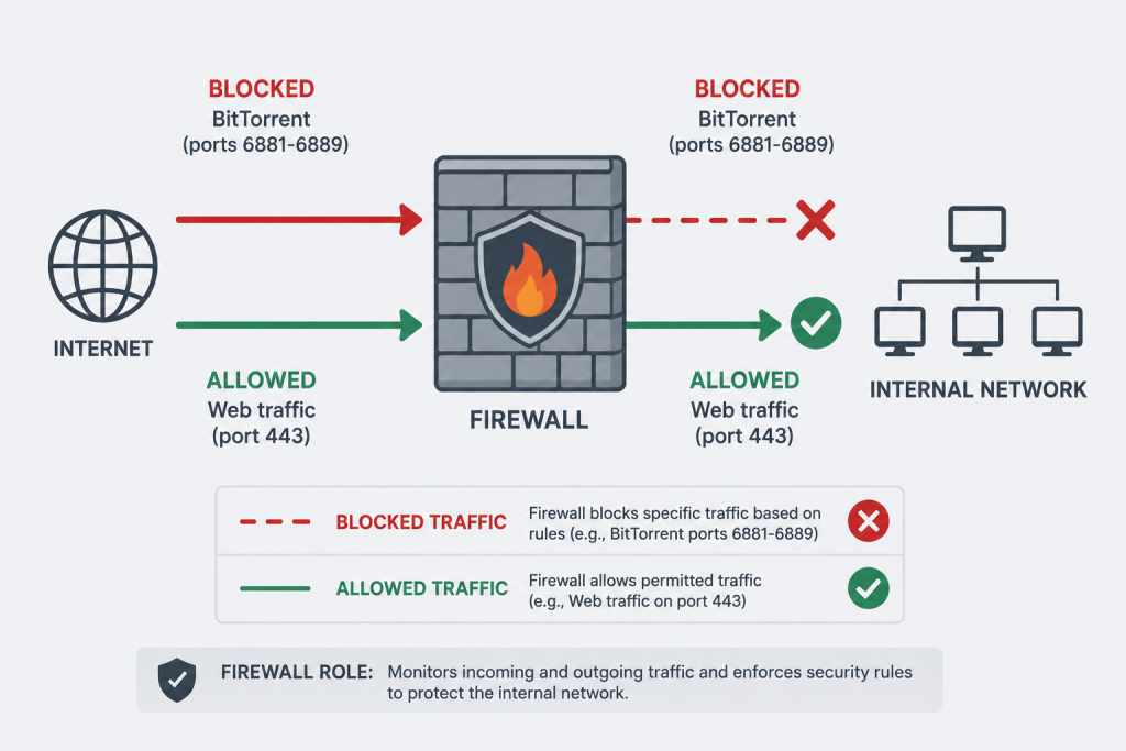Client-Server Vs. Peer-To-Peer: Network Models Explained 4 Diagram Showing A Firewall Blocking Bittorrent Traffic On Ports 6881-6889 While Allowing Standard Web Traffic