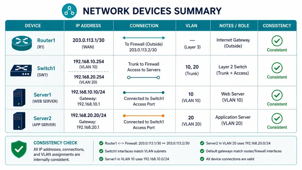 Network Documentation: A Practical Guide For Ccna And Ccnp 2 Table Showing Internally Consistent Device Documentation With Matching Ip Addresses, Connections, And Vlan Assignments