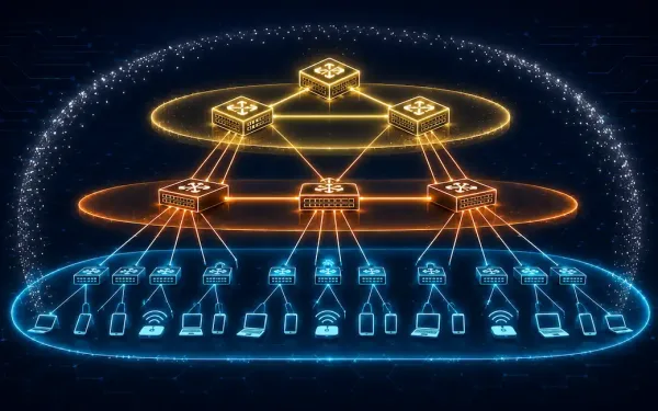 Three-Tier Network Topology Showing Access, Distribution, And Core Layers Stacked Vertically With Connections Narrowing Upward, Surrounded By A Dissolving Borderless Boundary Motif