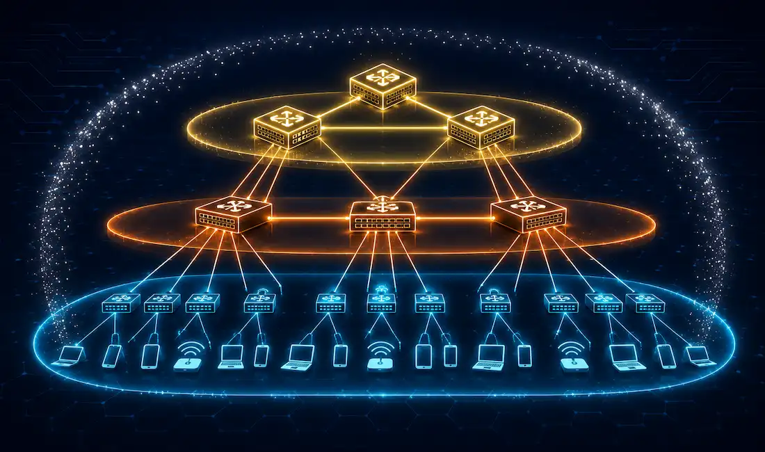 Cisco Borderless Networks: Hierarchical Campus Design Explained 1 Three-Tier Network Topology Showing Access, Distribution, And Core Layers Stacked Vertically With Connections Narrowing Upward, Surrounded By A Dissolving Borderless Boundary Motif