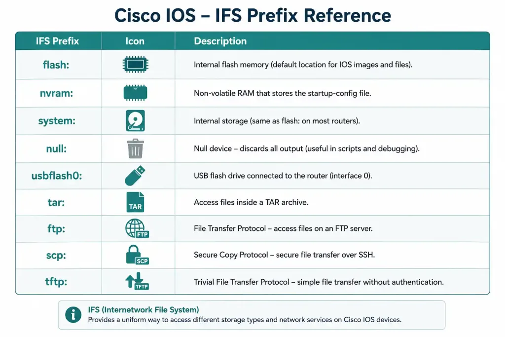 Cisco Router File System: Flash, Nvram, And Backup Methods 2 Reference Chart Listing Cisco Ios File System Prefixes And Their Functions