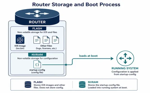 Diagram Showing A Cisco Router'S Flash And Nvram Storage With The Ios Image And Startup Configuration