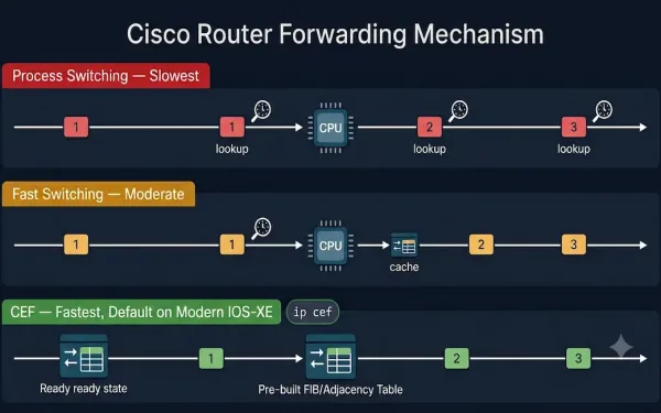 Three-Panel Diagram Comparing Cisco Router Forwarding Mechanisms Showing Process Switching With Per-Packet Cpu Lookups As Slowest, Fast Switching With A Reactive Cache After The First Packet As Moderate, And Cef With A Proactive Pre-Built Fib And Adjacency Table As Fastest And Default On Modern Ios-Xe