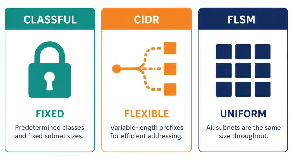 From Classful Network Addressing To Cidr And Fixed-Length Subnet Masking 8 Three-Column Summary Card Contrasting Classful Addressing, Cidr, And Flsm