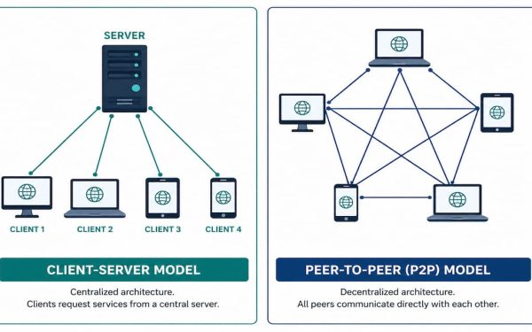 Split Diagram Comparing The Client-Server Star Topology To The Peer-To-Peer Mesh Topology
