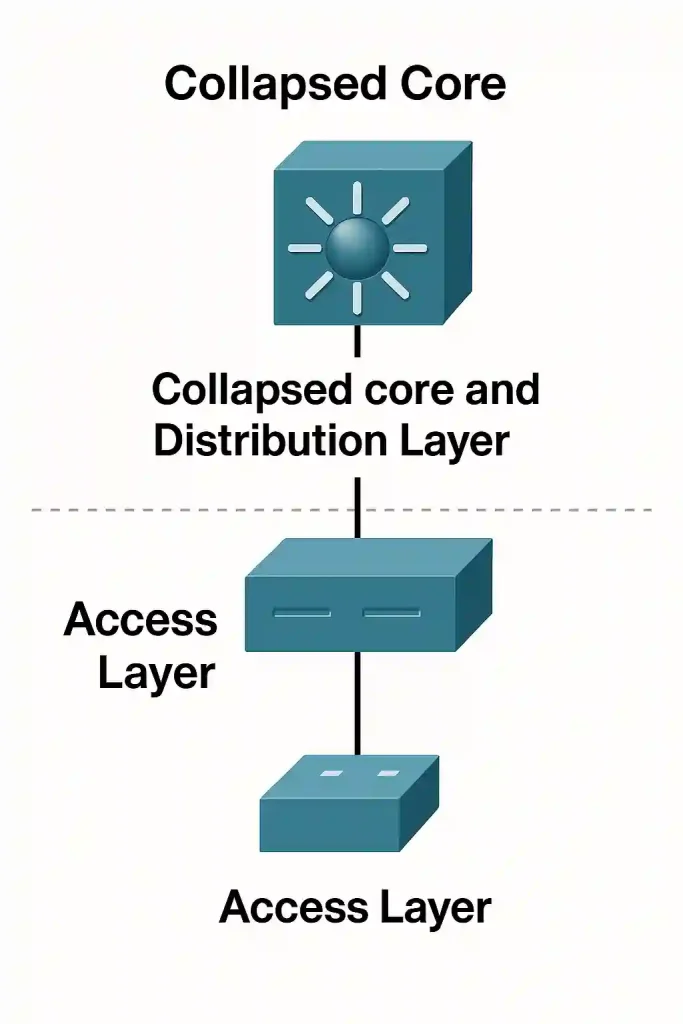 Diagram of a collapsed core network topology with a combined core and distribution layer, connected to an access layer, ideal for CCNA/CCNP network design studies.