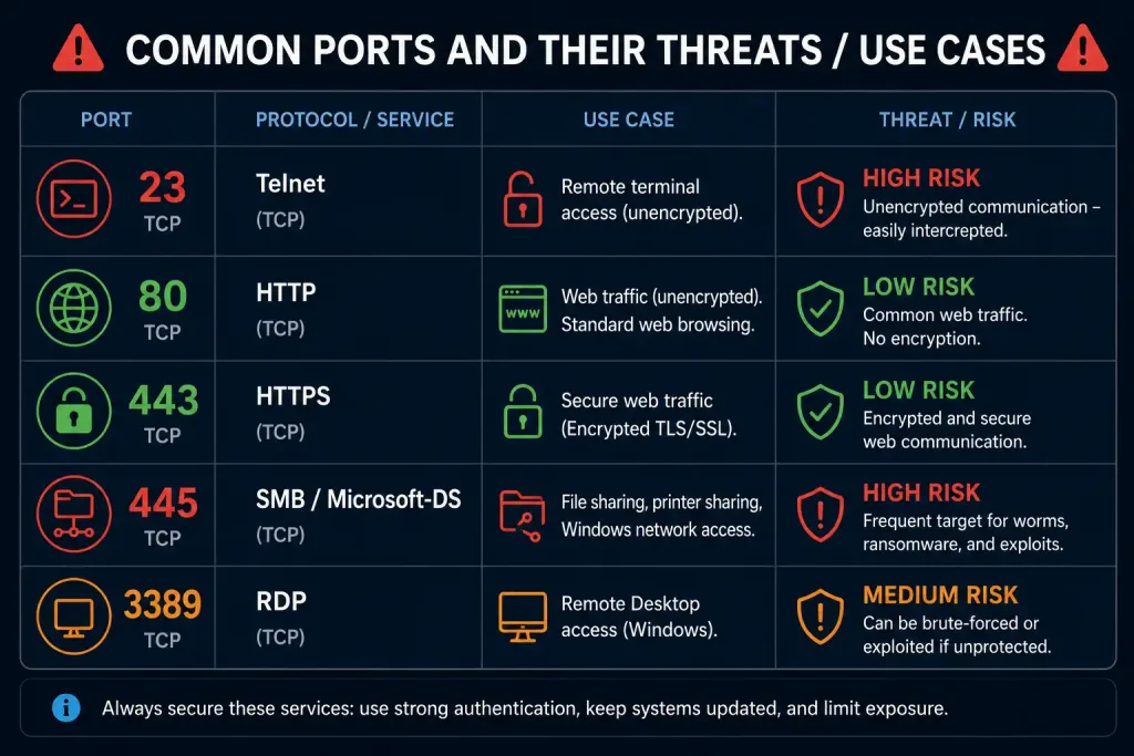 The Netstat Command: Monitor And Troubleshoot Network Connections 4 Chart Showing Common Network Ports Paired With Their Typical Use Or Security Risk
