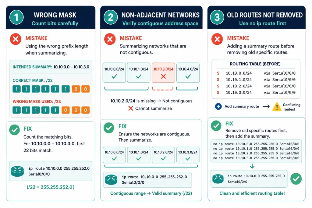 Summary Static Routes: How To Calculate And Configure Them 4 Three-Panel Card Showing Common Summarization Mistakes And Their Fixes