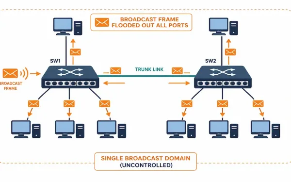 Diagram Showing A Broadcast Frame Flooding Across Two Switches To Every Connected Device In A Single Broadcast Domain