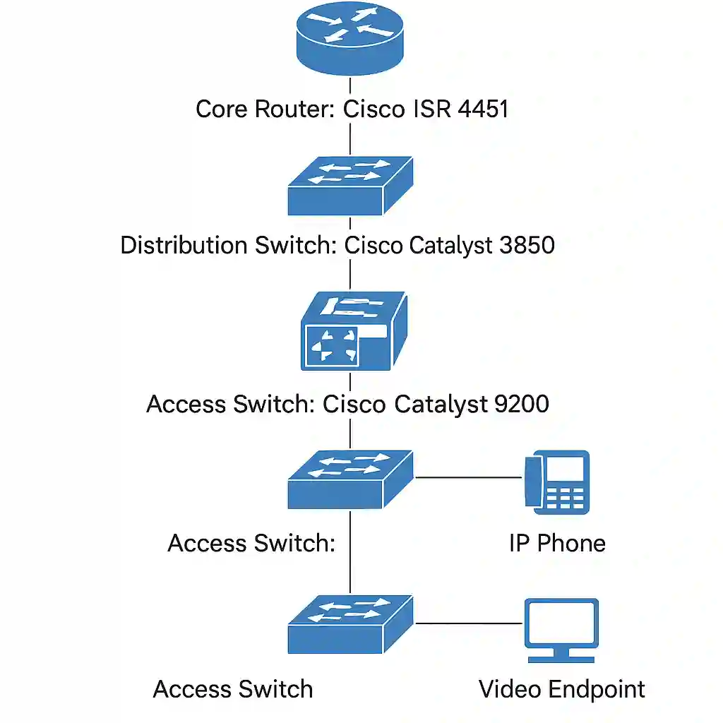 Converged Network: Layered network topology diagram featuring Cisco devices. At the top, a Cisco ISR 4451 Core Router connects downward to a Cisco Catalyst 3850 Distribution Switch. This links to two Cisco Catalyst 9200 Access Switches—one connected to an IP Phone and PC, the other to a Video Endpoint—illustrating a converged infrastructure supporting voice, video, and data communication.