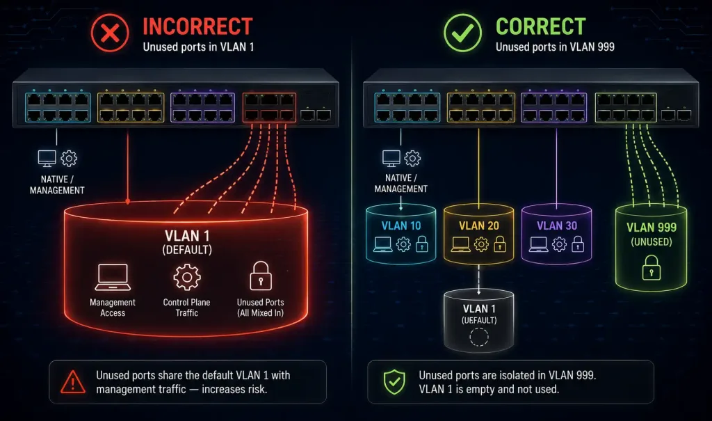 Vlan Configuration On Cisco Switches: A Step-By-Step Guide 3 Side-By-Side Comparison Showing The Incorrect Practice Of Assigning Unused Ports To Vlan 1 Versus The Correct Practice Of Using A Dedicated Unused Vlan 999 While Keeping Vlan 1 Isolated