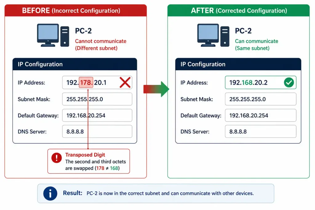 Ip Addressing Issues With Vlan And Svi: Diagnosis And Configuration 2 Before-And-After Diagram Showing Pc-2'S Ip Address Corrected From A Mismatched Subnet To The Correct Vlan Subnet