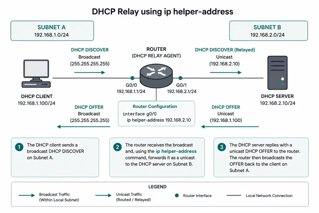 Dynamic Host Configuration Protocol (Dhcp): How It Works And How To Configure It 4 Network Diagram Showing A Dynamic Host Configuration Protocol (Dhcp) Relay Agent Forwarding Client Requests Across Subnets To A Remote Dhcp Server