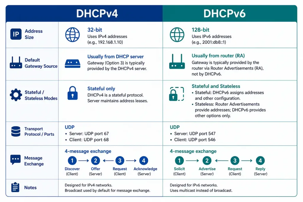 Dynamic Host Configuration Protocol (Dhcp): How It Works And How To Configure It 2 Comparison Chart Of Dhcpv4 And Dhcpv6 Showing Address Size, Gateway Source, And Message Exchange Differences