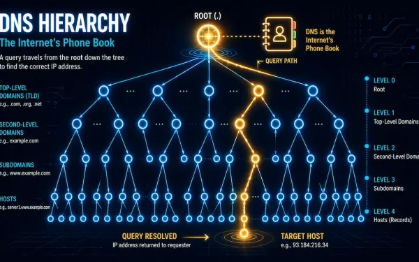 Glowing Inverted-Tree Dns Hierarchy With A Query Packet Tracing Its Resolution Path From The Root Server Down To A Specific Host