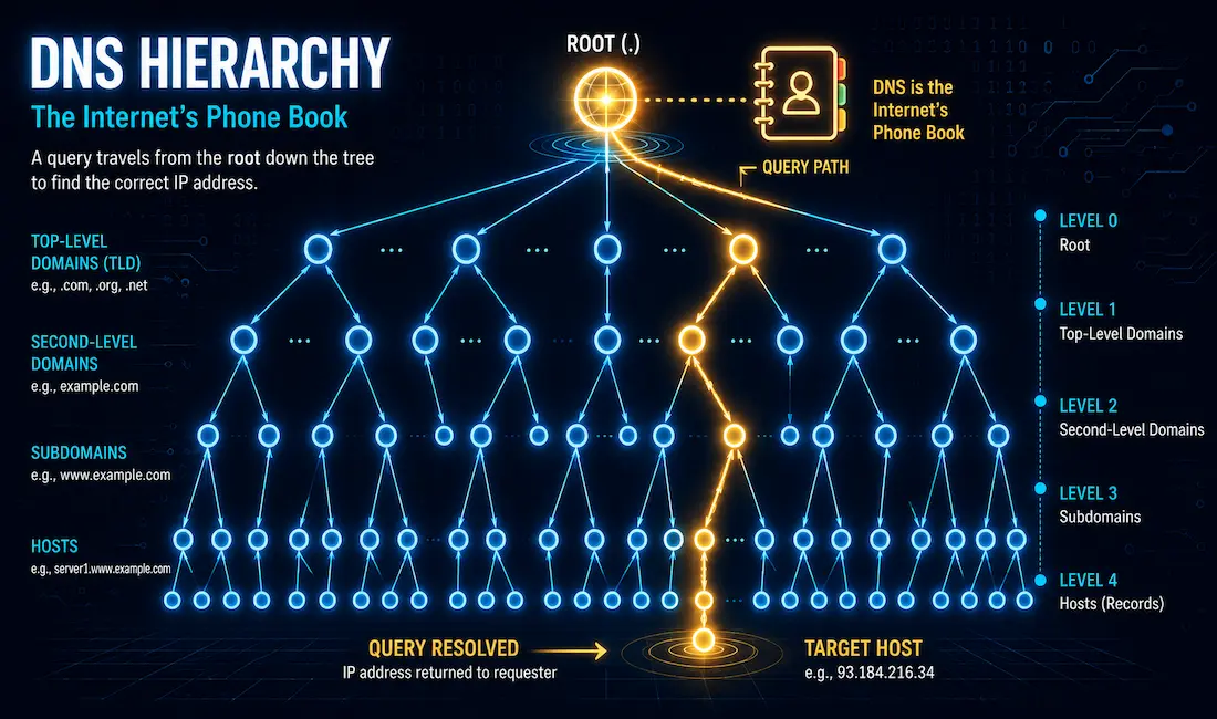 Domain Name System (Dns): Message Format, Hierarchy, And Cisco Configuration 1 Glowing Inverted-Tree Dns Hierarchy With A Query Packet Tracing Its Resolution Path From The Root Server Down To A Specific Host