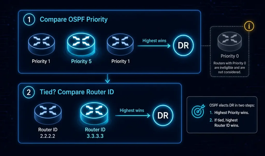 Ospf Router States And Ospf Process Explained 2 Two-Step Decision Flow Showing Ospf Dr And Bdr Election First Comparing Interface Priority, Then Comparing Router Id As A Tiebreaker If Priorities Match