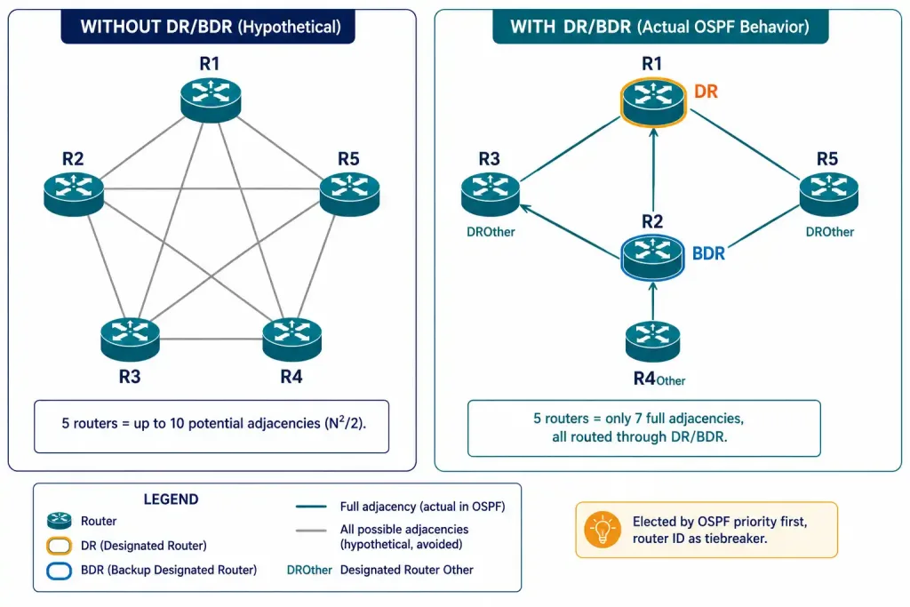 Link-State Routing Protocols Explained: Discovery, Flooding, And The Spf Tree 8 Before-And-After Diagram Showing Dr/Bdr Election Reducing Full Adjacencies On A Shared Segment