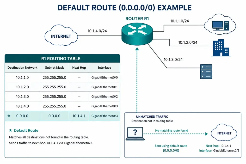 Static Route Configuration: Ipv4 And Ipv6 3 Diagram Showing A Router Sending Traffic With No Specific Route Match To Its Default Route
