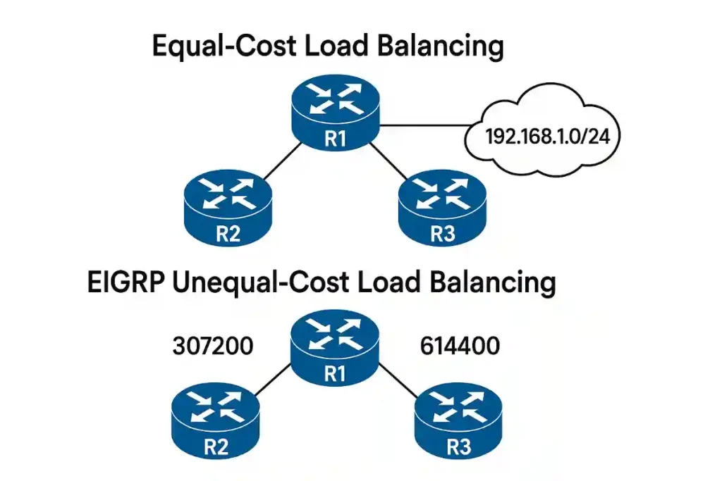 Diagram illustrating equal-cost load balancing and EIGRP unequal-cost load balancing with routers R1, R2, and R3.