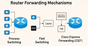 Diagram illustrating three Cisco router packet-forwarding mechanisms—Process Switching, Fast Switching, and Cisco Express Forwarding (CEF)—with network flow arrows and interface icons on a clean tech background.