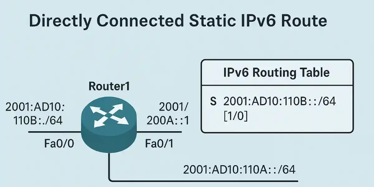 Diagram of Router1 with directly connected static IPv6 route and routing table