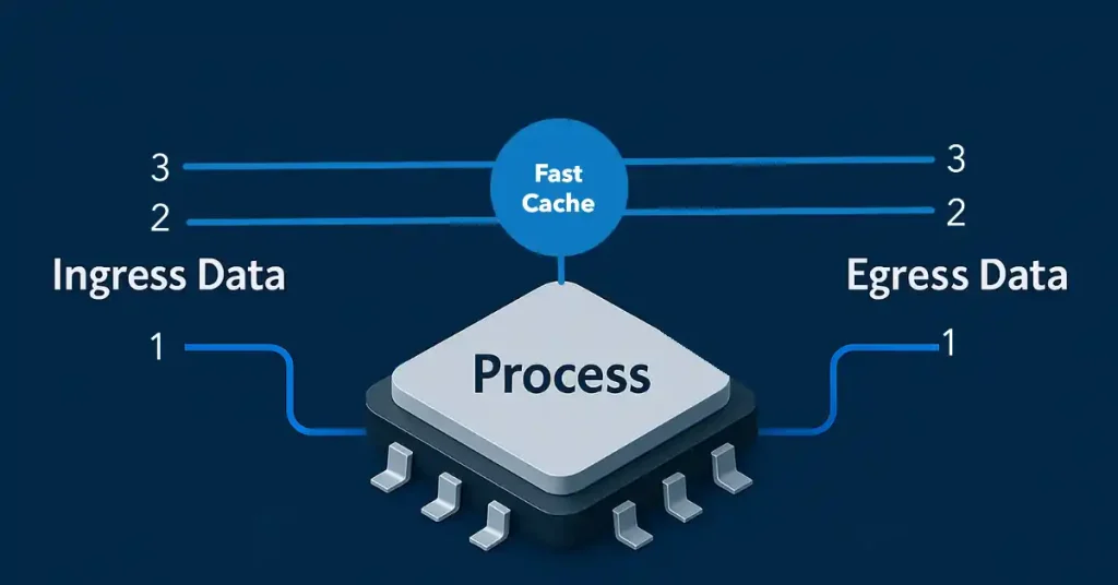 Diagram showing a processor receiving ingress data via three labeled channels (1, 2, 3), connected to a fast cache that outputs egress data through three corresponding channels.
