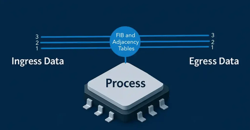 Router Forwarding Mechanism: Technology-driven workspace with people interacting across a digital network of documents, graphs, and analytics tools.