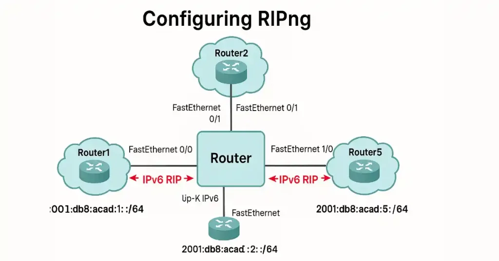 IPv6 RIPng network topology diagram showing interconnected Cisco routers