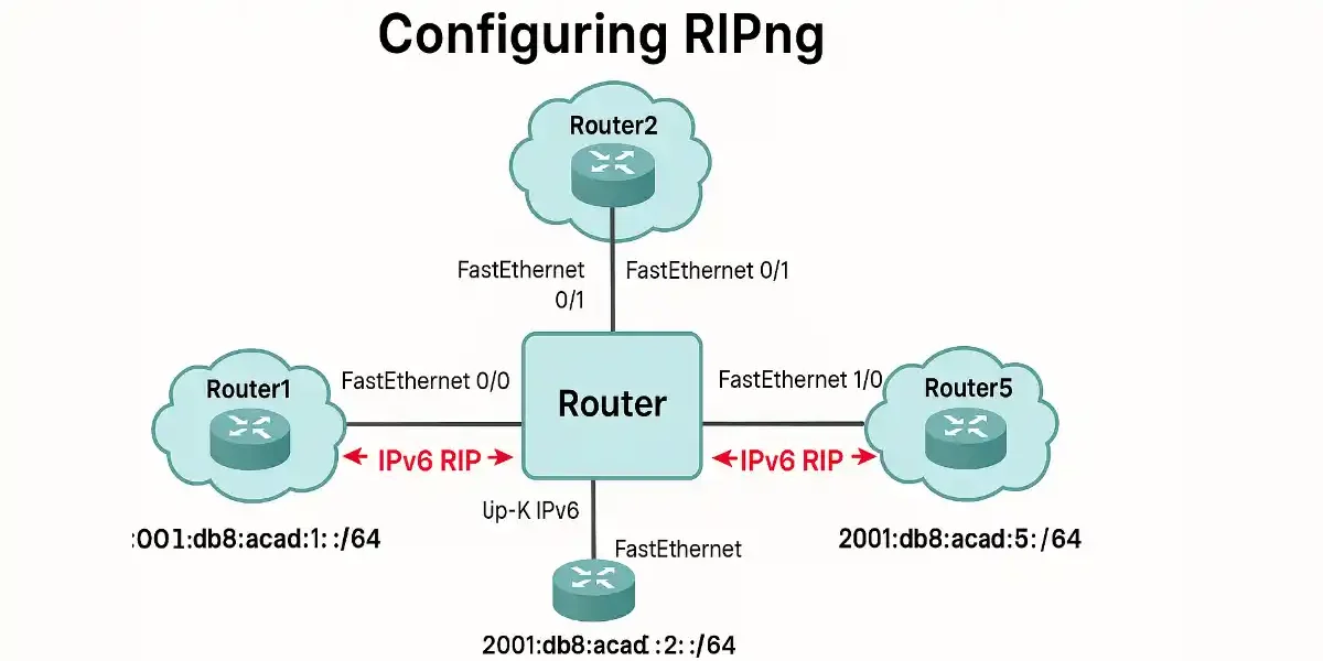 IPv6 RIPng network topology diagram showing interconnected Cisco routers