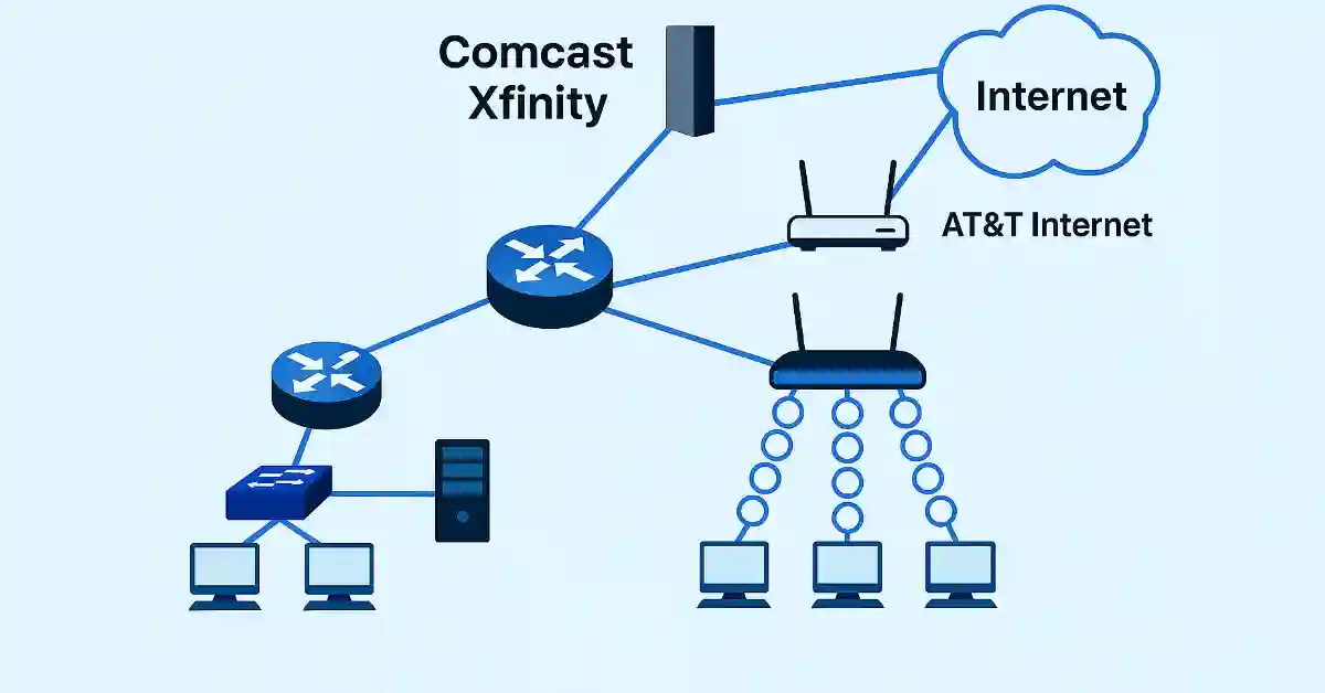 Network diagram showing Comcast Xfinity and AT&T Internet routers connected to a central router, server, and multiple computers for redundancy and traffic management.