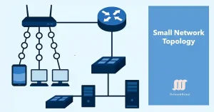 Diagram of small network topology with router, switch, servers, and connected devices.