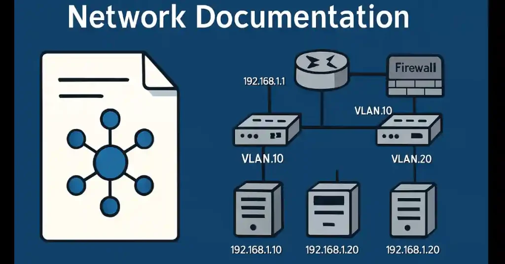 Network documentation diagram showing a Cisco topology with a router (192.168.1.1), switch, firewall, VLAN 10 (server 192.168.1.10), and VLAN 20 (servers 192.168.1.20, 192.168.1.21) for CCNA/CCNP.