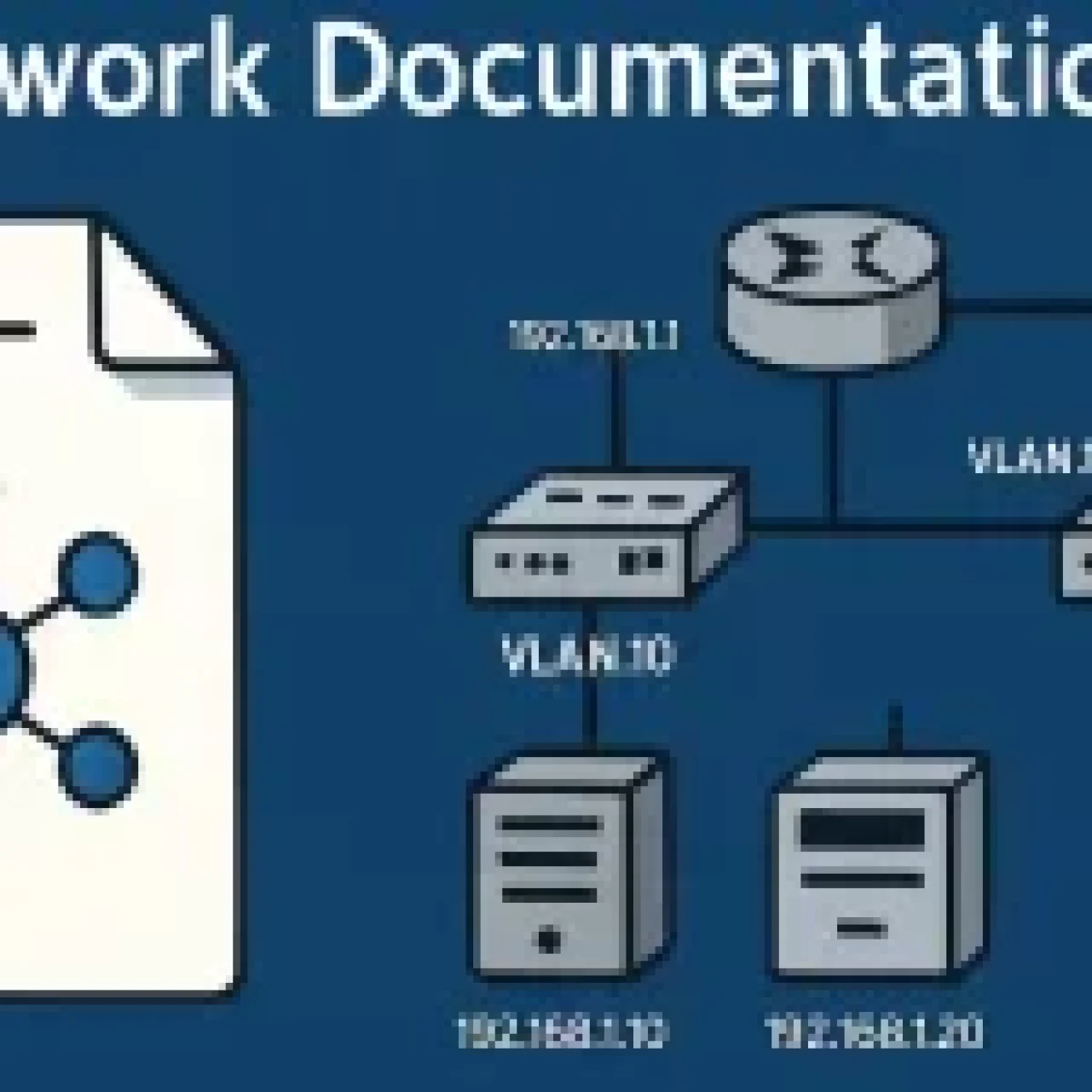 Network documentation diagram showing a Cisco topology with a router (192.168.1.1), switch, firewall, VLAN 10 (server 192.168.1.10), and VLAN 20 (servers 192.168.1.20, 192.168.1.21) for CCNA/CCNP.