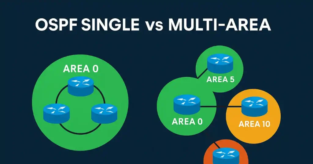 Visual comparison of Single-Area OSPF (Area 0) vs. Multi-Area OSPF (Areas 0, 5, 10) with router icons, ideal for CCNA and CCNP learning