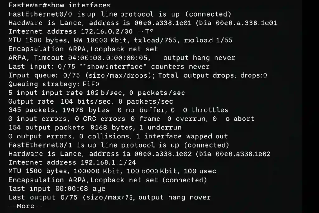 Show Commands: Cisco router CLI output displaying the result of the show interfaces command for FastEthernet0/0 and FastEthernet0/1, showing interface status, IP addresses, MTU, reliability, and packet statistics.