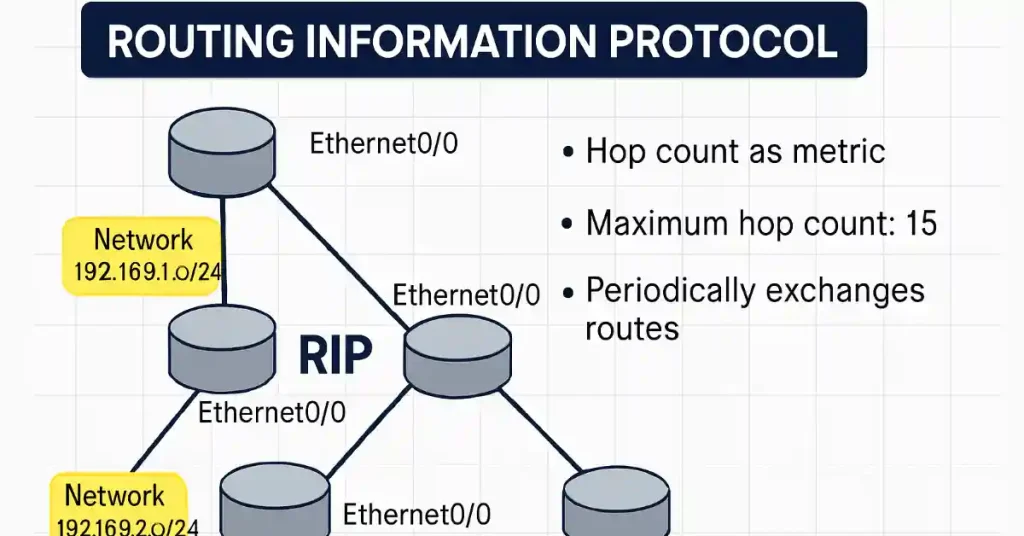 Diagram of Routing Information Protocol (RIP) network topology showing hop count metric, maximum 15 hops, and periodic route exchanges between routers connected via Ethernet interfaces to networks 192.168.1.0/24 and 192.168.2.0/24.