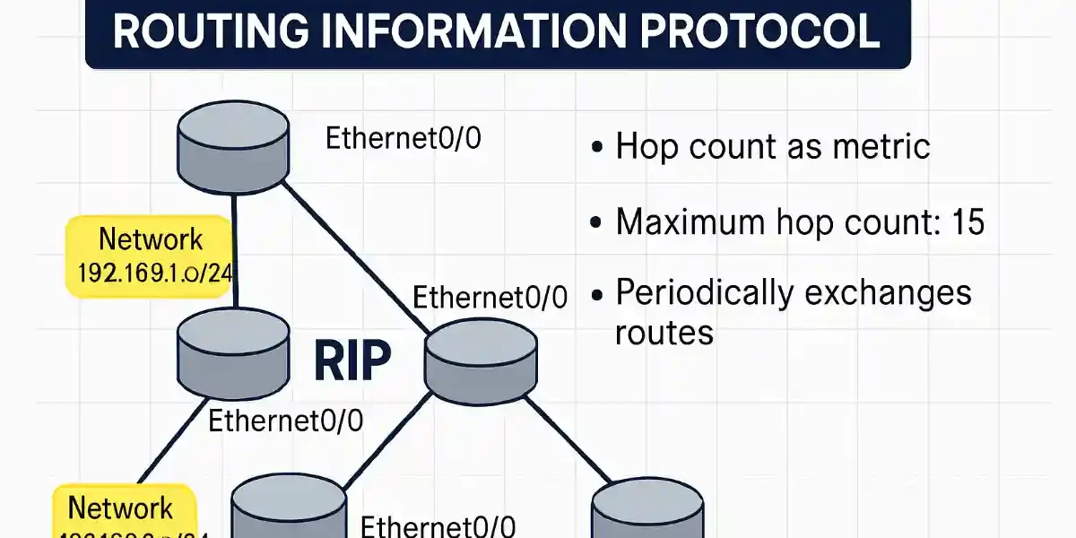 Diagram of Routing Information Protocol (RIP) network topology showing hop count metric, maximum 15 hops, and periodic route exchanges between routers connected via Ethernet interfaces to networks 192.168.1.0/24 and 192.168.2.0/24.