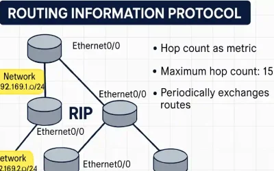 Diagram of Routing Information Protocol (RIP) network topology showing hop count metric, maximum 15 hops, and periodic route exchanges between routers connected via Ethernet interfaces to networks 192.168.1.0/24 and 192.168.2.0/24.