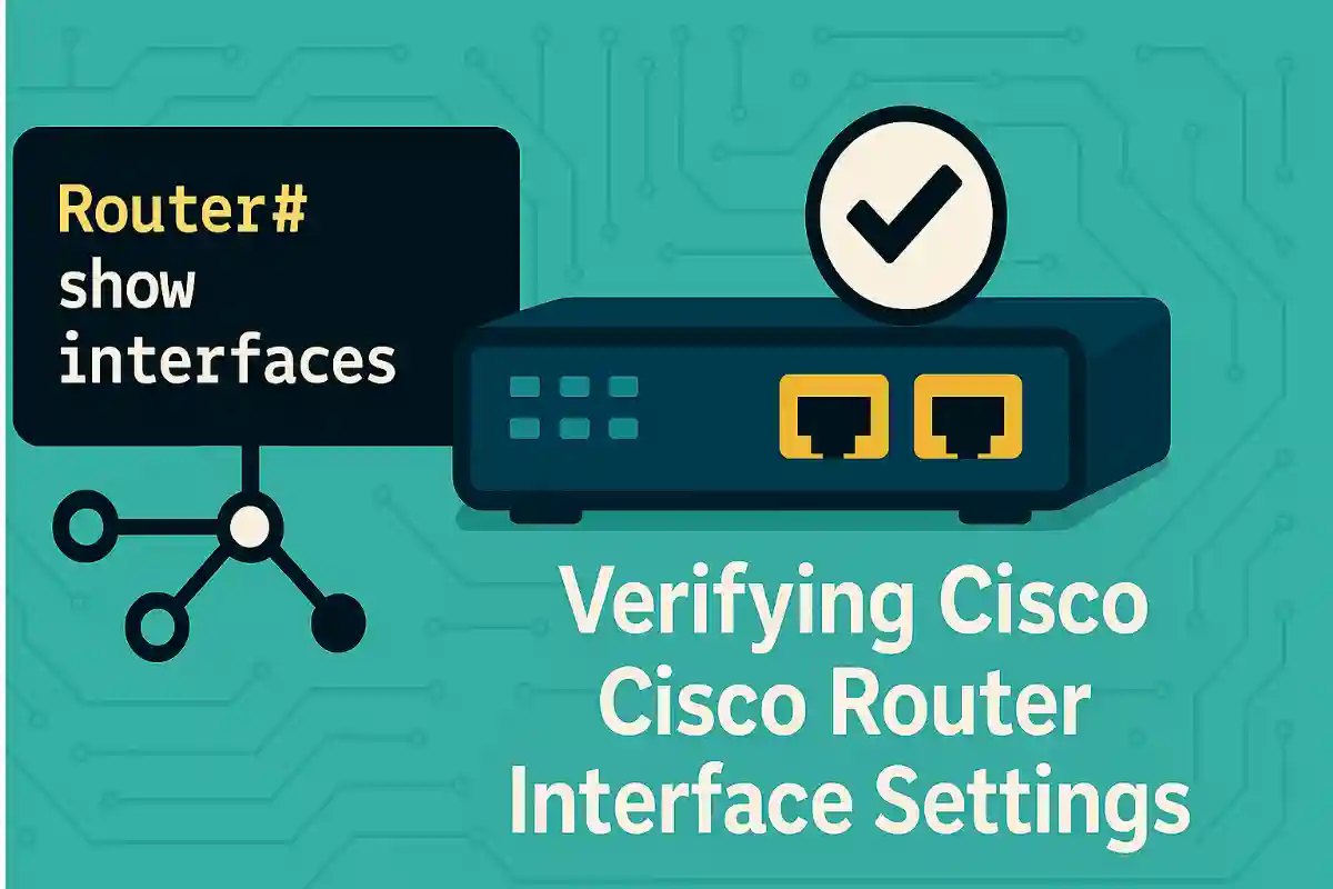 Illustration depicting Cisco router interface settings verification using CLI commands. A terminal window with “Router# show interfaces” and a Cisco router icon with a checkmark emphasize diagnostics, configuration validation, and network reliability.