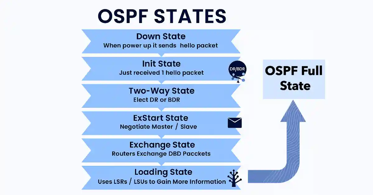 Flowchart illustrating the progression of OSPF neighbor states from Down to Full State