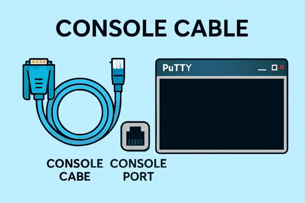 What is Console Access to Cisco Devices 1 Illustration of a console cable with DB9 and RJ45 connectors, plugged into a network device’s console port, alongside a PuTTY terminal window