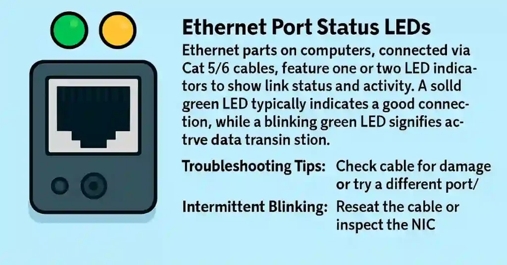 Introduction to Status LEDs of Ethernet and Network Devices 1 Diagram showing Ethernet port Status LEDs indicator on a computer connected via Cat 5/6 cables, with solid and blinking green lights explained. Troubleshooting steps highlighted for no light and intermittent blinking issues.