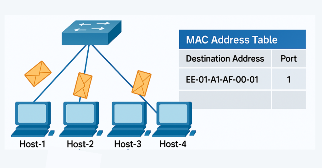Networking diagram showing a switch connected to four hosts: Host-1, Host-2, Host-3, and Host-4. Data packet icons represented by envelopes are seen traveling from the switch to each host. On the right, the MAC Address Table includes one entry: destination MAC address EE-01-A1-AF-00-01 mapped to port 1. The visual demonstrates how a switch forwards traffic using MAC address table entries for efficient data delivery.