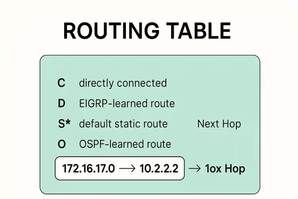 Routing table diagram showing route types and an example route from 172.16.17.0 to 10.2.2.2 via 10x Hop.