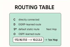 Routing table diagram showing route types and an example route from 172.16.17.0 to 10.2.2.2 via 10x Hop.