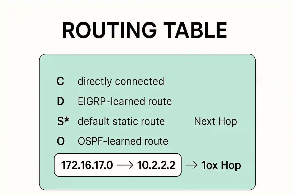 Routing table diagram showing route types and an example route from 172.16.17.0 to 10.2.2.2 via 10x Hop.